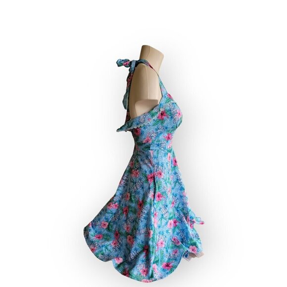 Hot Topic Fit and Flare Hawaiian Tiki Dress XS Blue Floral Halter Swing Retro - Picture 3 of 13